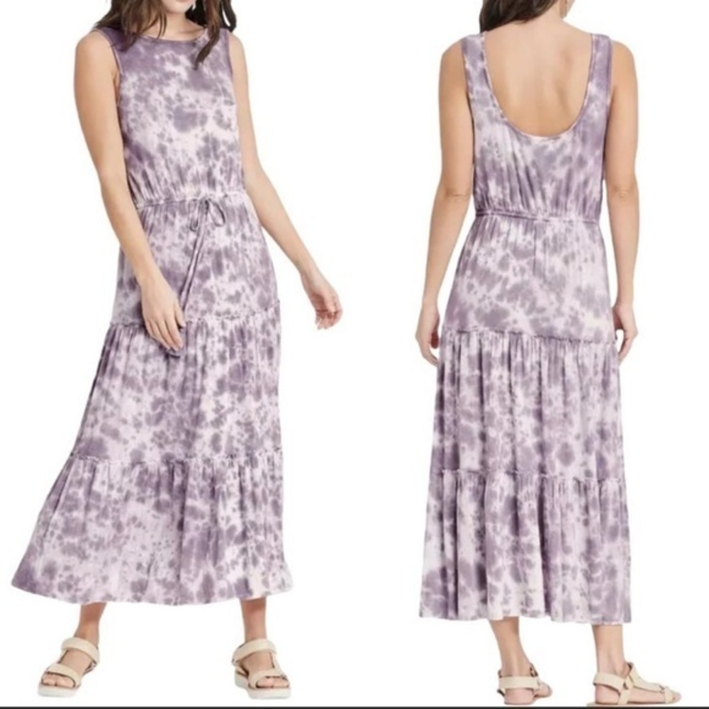 KNOX ROSE Women's Purple Tie Dye Tiered Maxi Dress Drawstring Waist Sleeveless